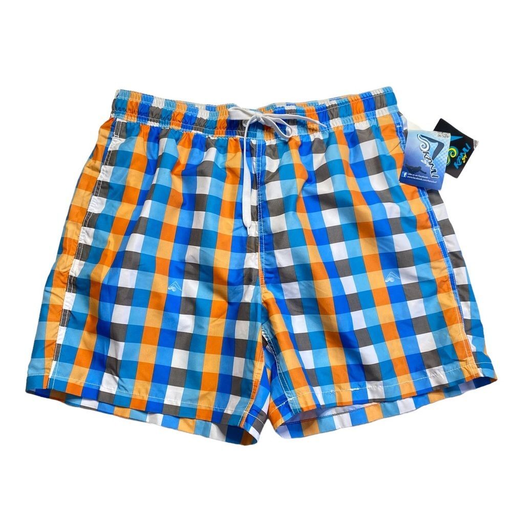 Kanu Surf Men’s Byron Board Shorts Blue Orange Check Sz XL NWT